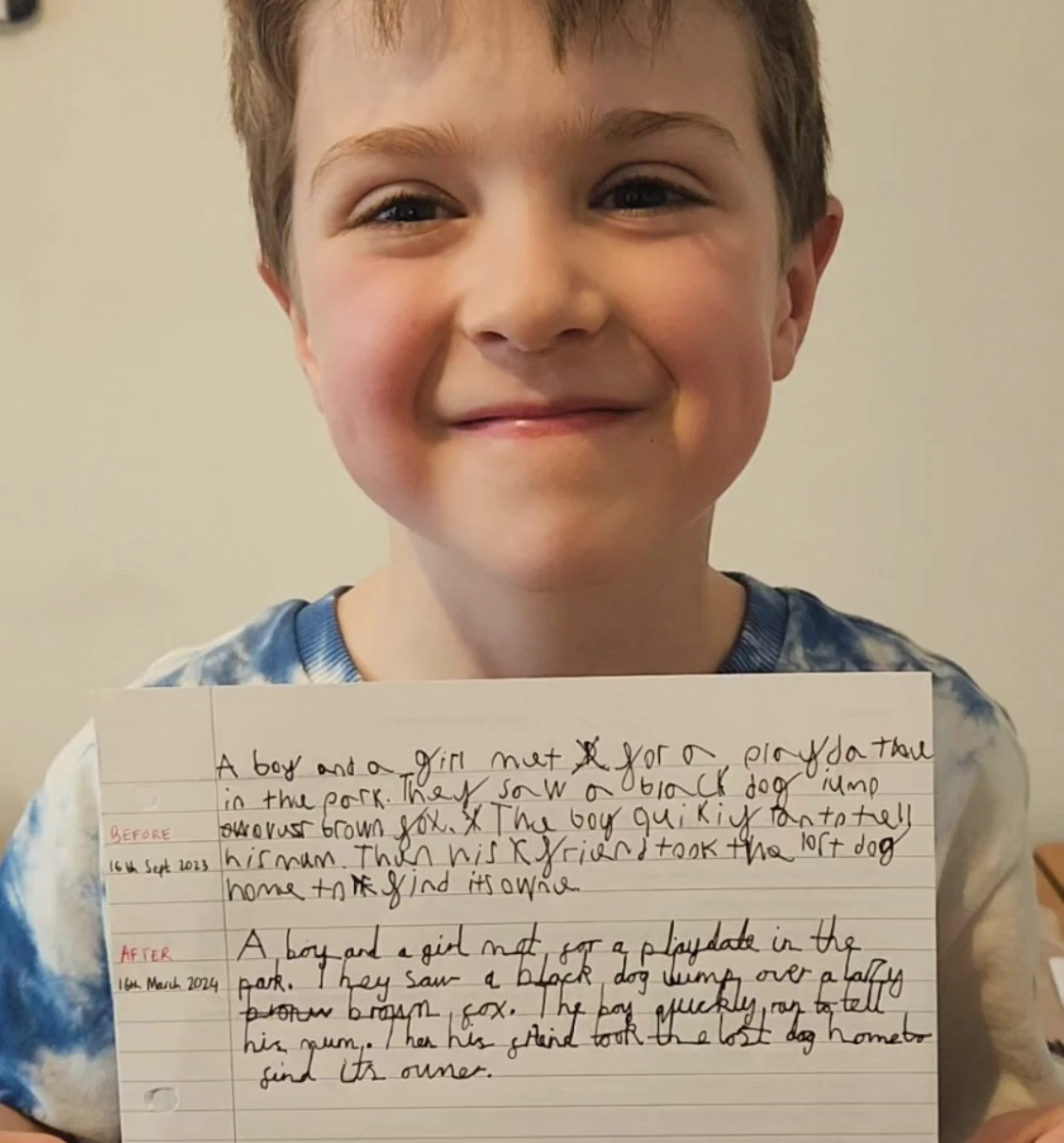 A pupil showing handwriting written six months apart
